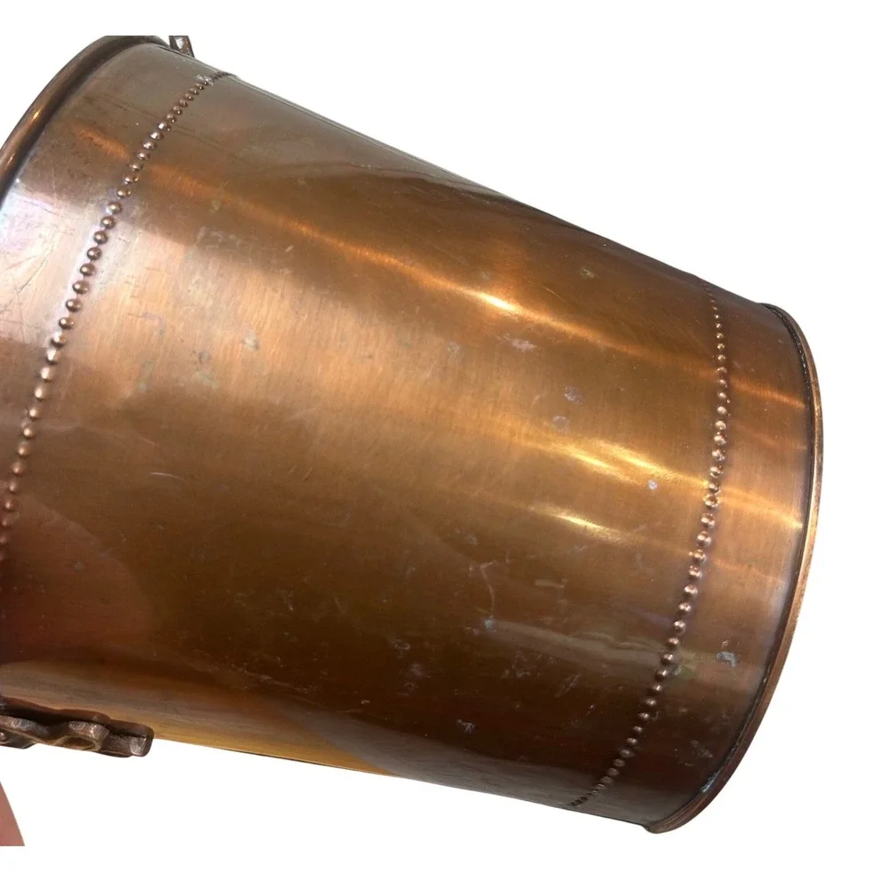 Vintage Solid Copper Bucket Wine Chiller Planter Beaded Trim Shell Handles 9